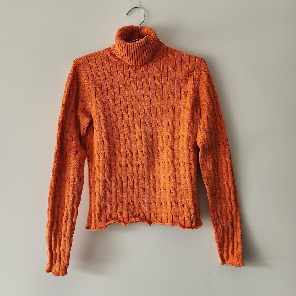 Polo Jeans Co. Turtleneck Sweater Womens M Orange Cable Knit Preppy Fall Cozy